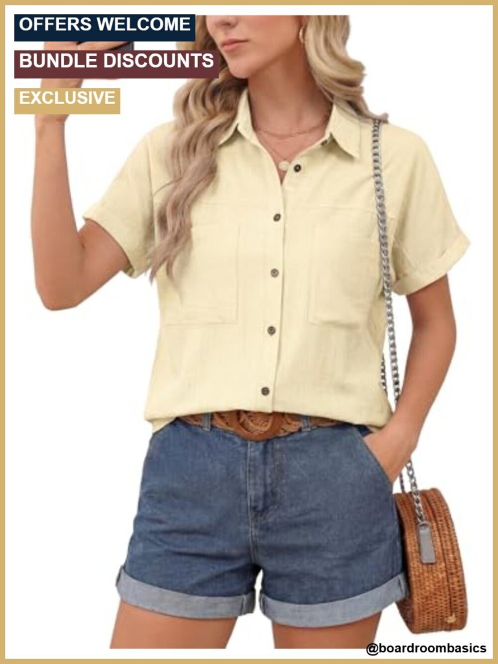 Oversized Button Down Shirt Short Sleeve V-Neck with Pockets Summer Business
